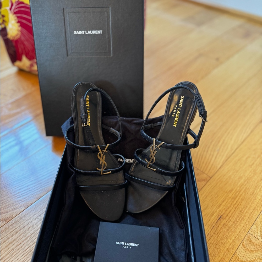 Saint Laurent Black Leather Logo Strappy Sandals with Gold YSL